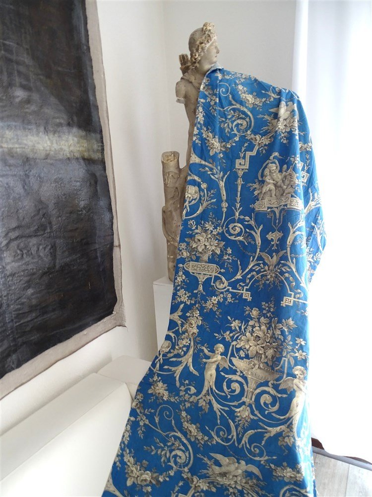 Blue Printed Toile  Panel Grisaille Decor Cherubinis, Doves, Arabesques-photo-4
