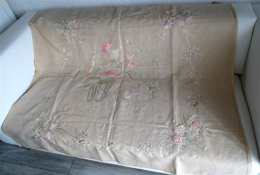 Asian Embroidery Decorated With Butterflies, Birds And Large Floral Decor, Roses And Chrysanthemum-photo-4