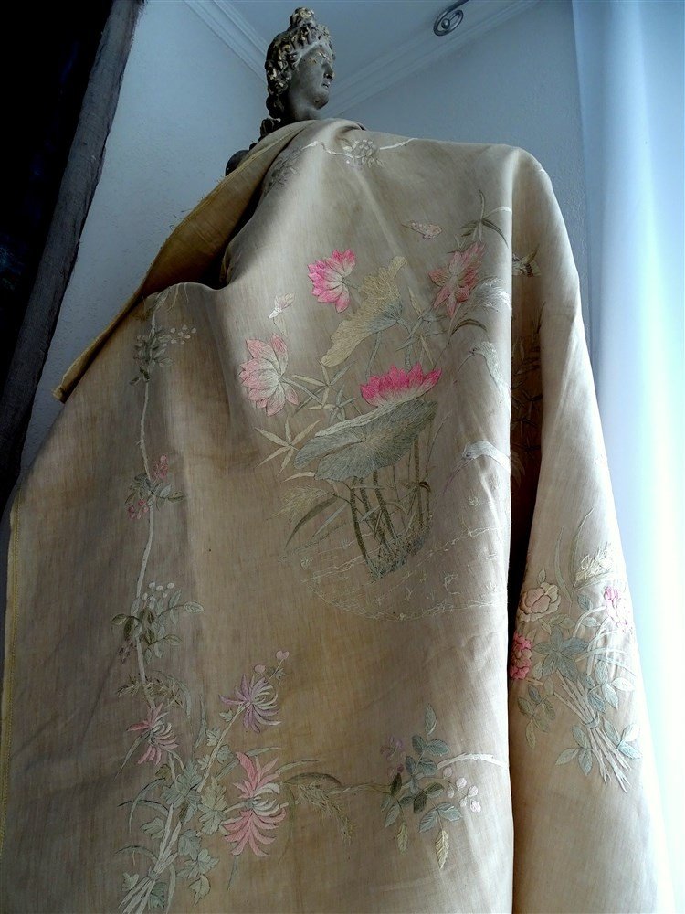 Asian Embroidery Decorated With Butterflies, Birds And Large Floral Decor, Roses And Chrysanthemum