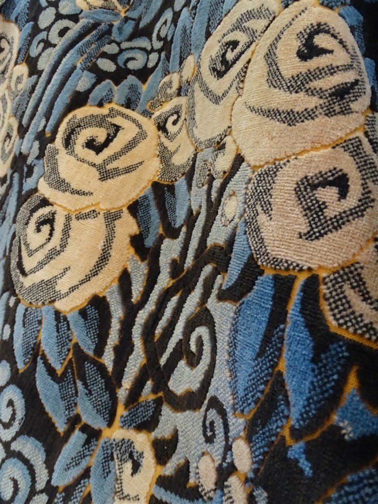 Pair Of Silk Velvet Hangings Art Deco Period Geometric Decor And Stylized Flowers-photo-2