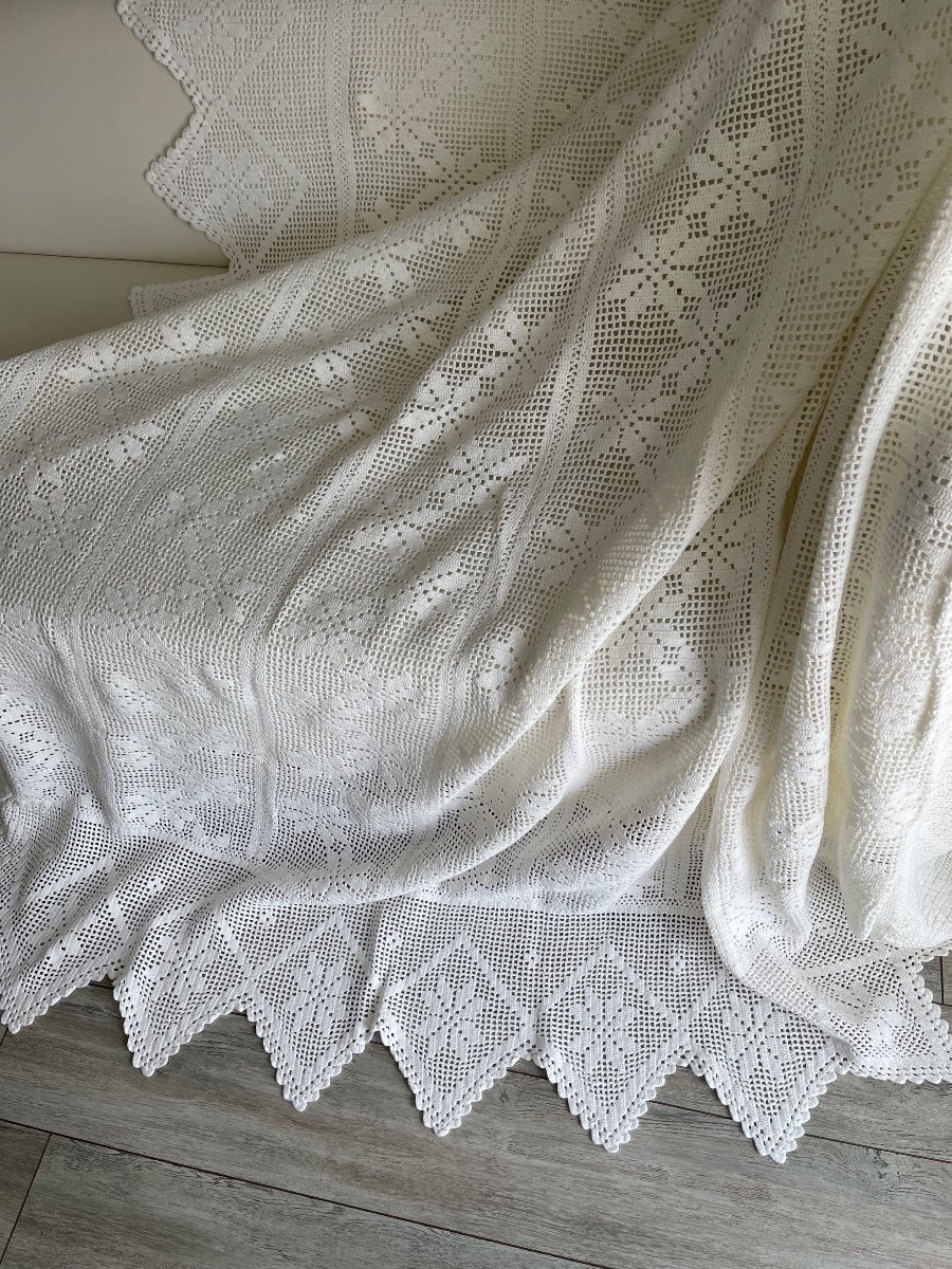 Dessus De Lit Au Crochet En Coton Blanc Au Decor De Fleurs étoilées -photo-2