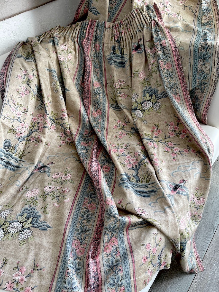 Paire De Rideaux En Chintz Au Décor Japonisant oiseaux  fleurs -photo-2