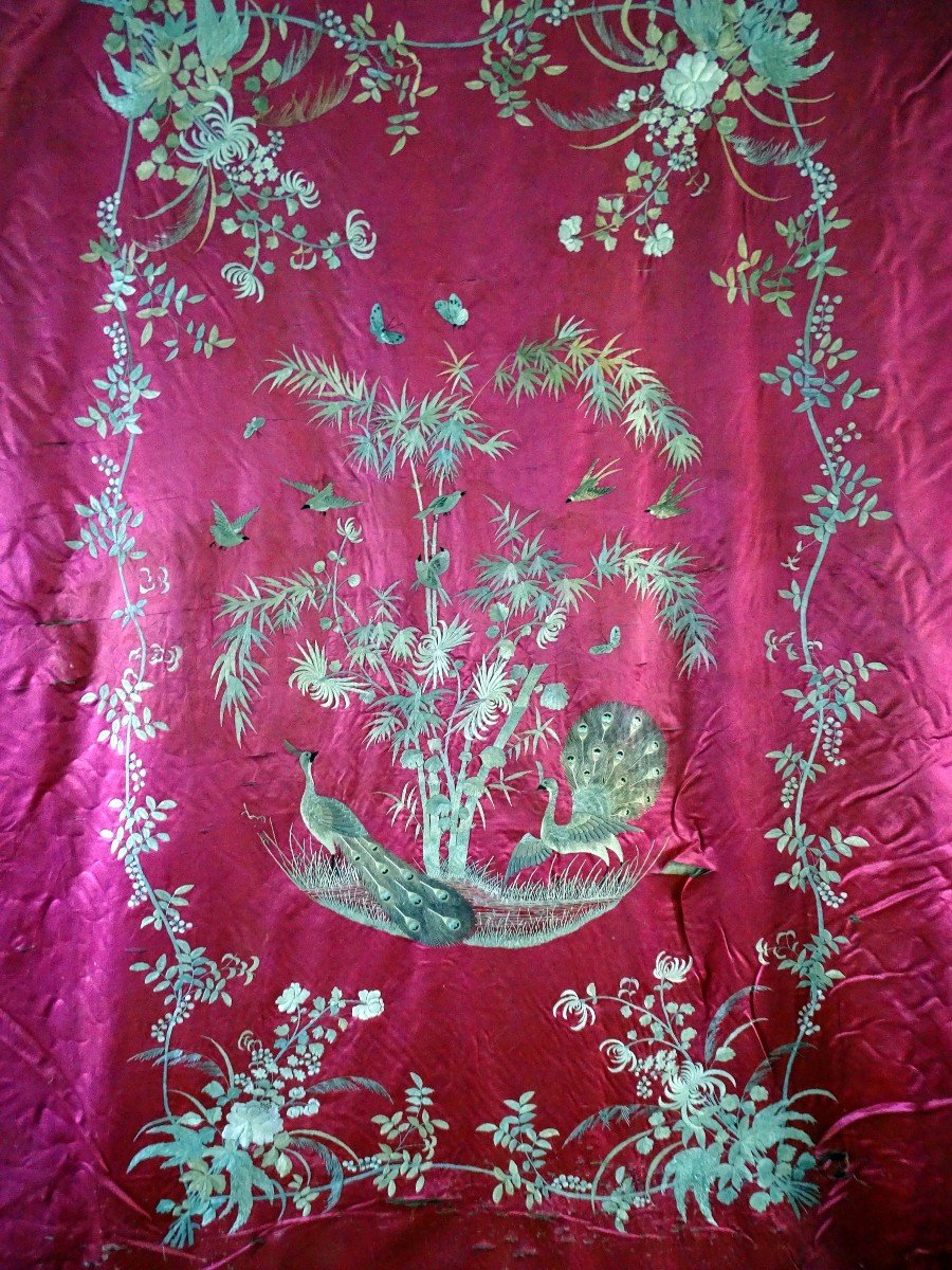 Tenture Chinoise Ancienne En Soie Rose Broderie Polychrome Oiseaux Papillons Art d'Asie-photo-6