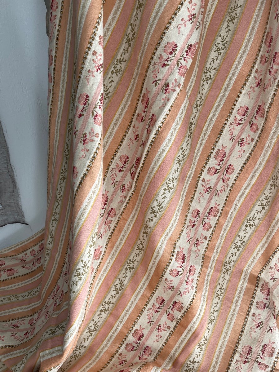 Pair Of Old Curtains Late 19th Century Stripes And Floral Decor-photo-2