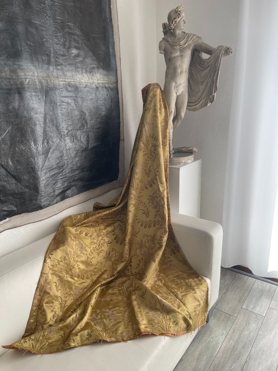 Old Silk Piece Lime Green Gold End Of 19th Century Old Fabric 