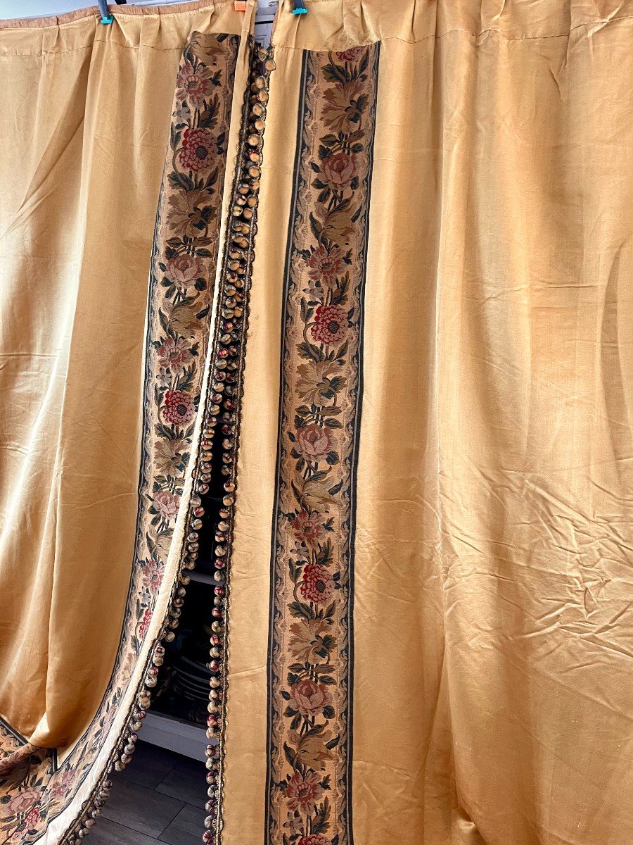 Pair Of Antique Curtains In Golden Silk And Tapestry Decor, 19th Century-photo-3