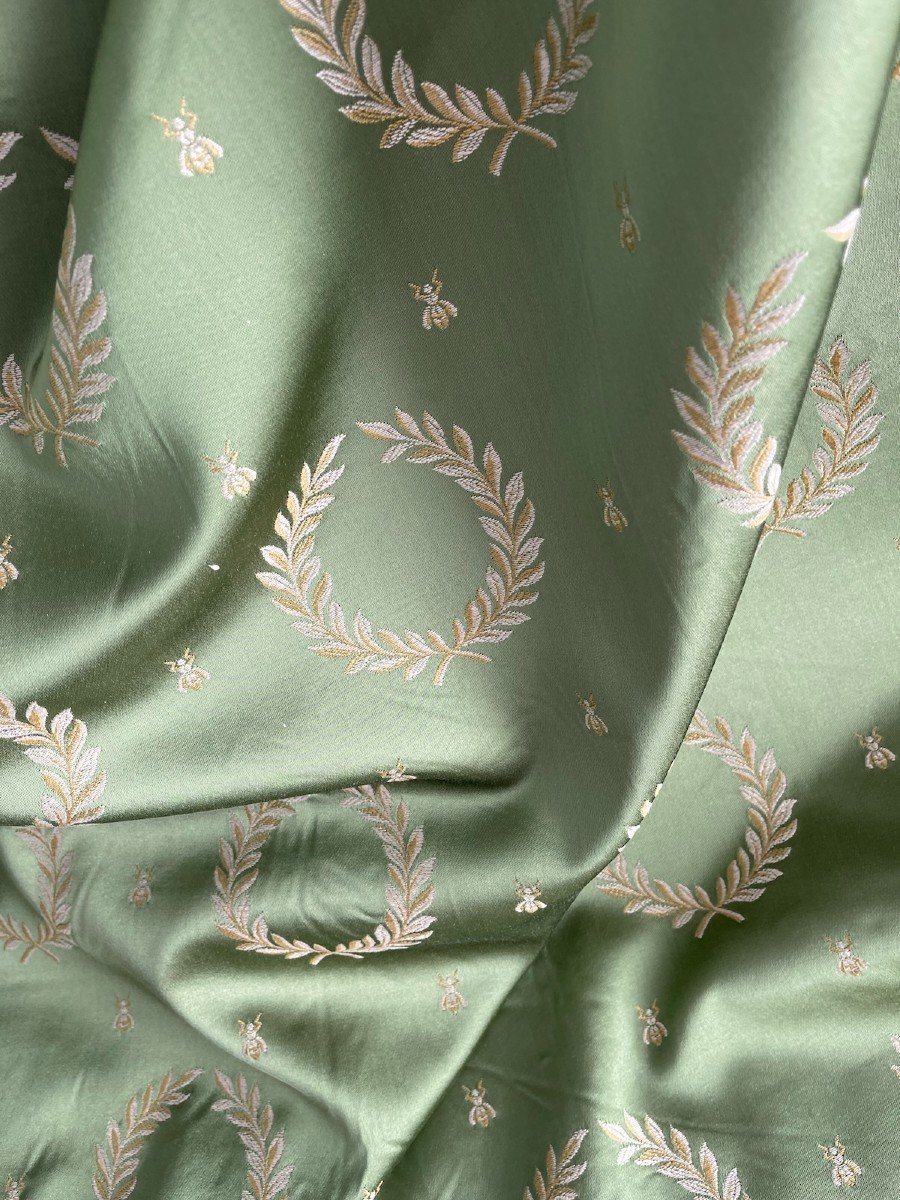 Fragment Of Green Silk, Bees And Laurel Wreaths Empire Style-photo-4