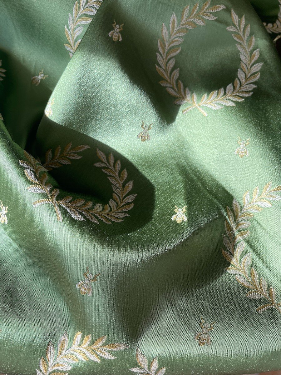 Fragment Of Green Silk, Bees And Laurel Wreaths Empire Style
