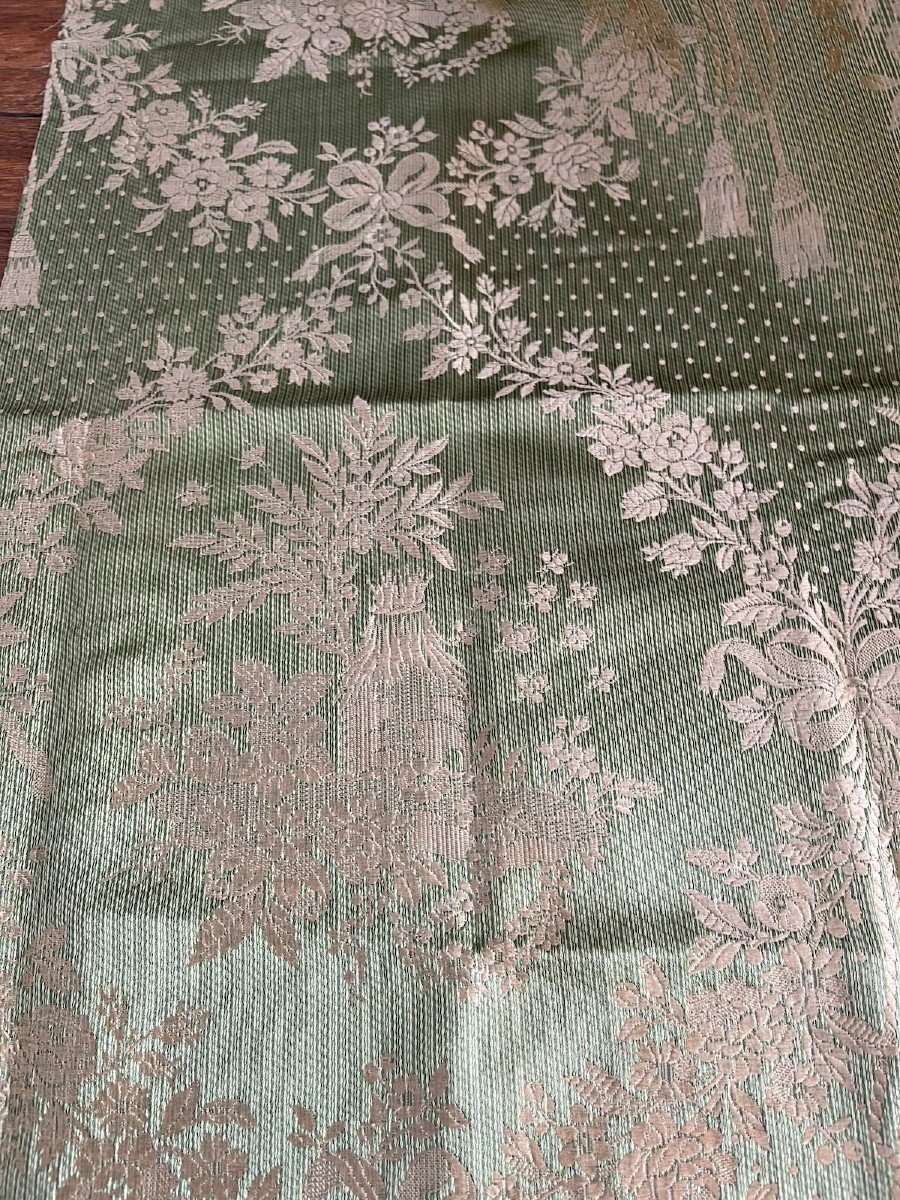  Etoffe En Soie Verte Et Beige Coupon Ancien, époque XIXème Tapisser Sièges Et Coussins-photo-3