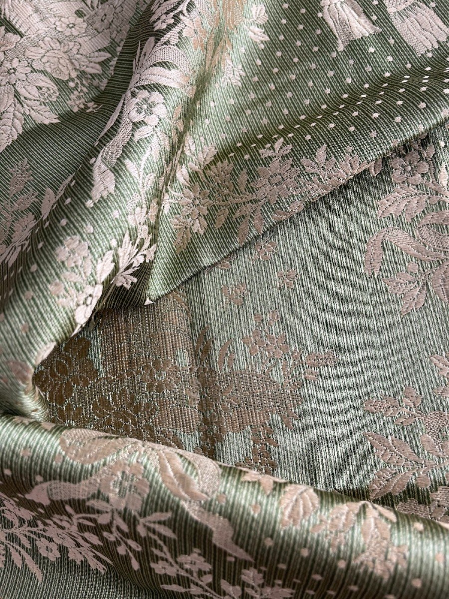  Etoffe En Soie Verte Et Beige Coupon Ancien, époque XIXème Tapisser Sièges Et Coussins-photo-4