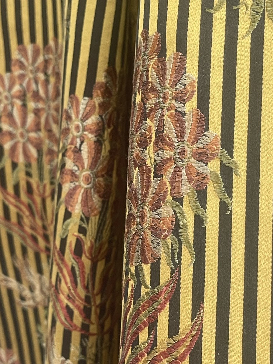 Métrage De Soie Ancienne – époque 1920 Art Déco – Broderies Florales rideau tenture-photo-2