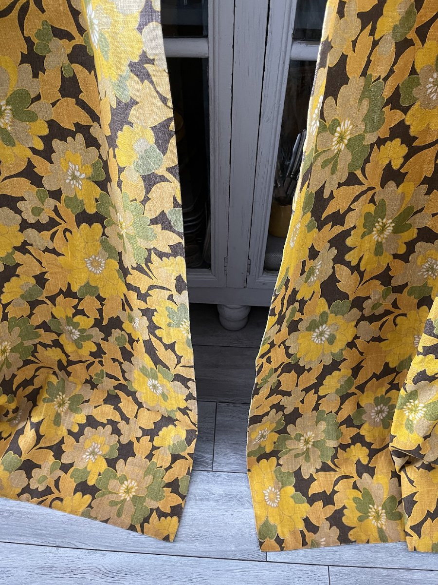 Pair Of Vintage Curtains – 1970s – Floral Printed Linen -photo-3