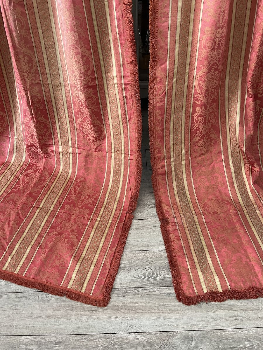 Paire De Rideaux Anciens, Soie Rose, Tentures Anciennes Fin  XIXème-photo-2