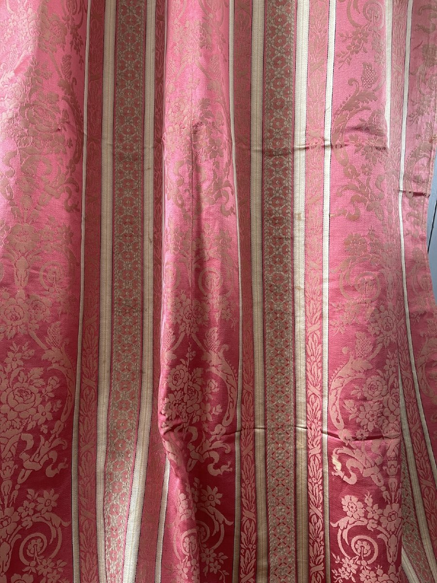 Paire De Rideaux Anciens, Soie Rose, Tentures Anciennes Fin  XIXème-photo-4