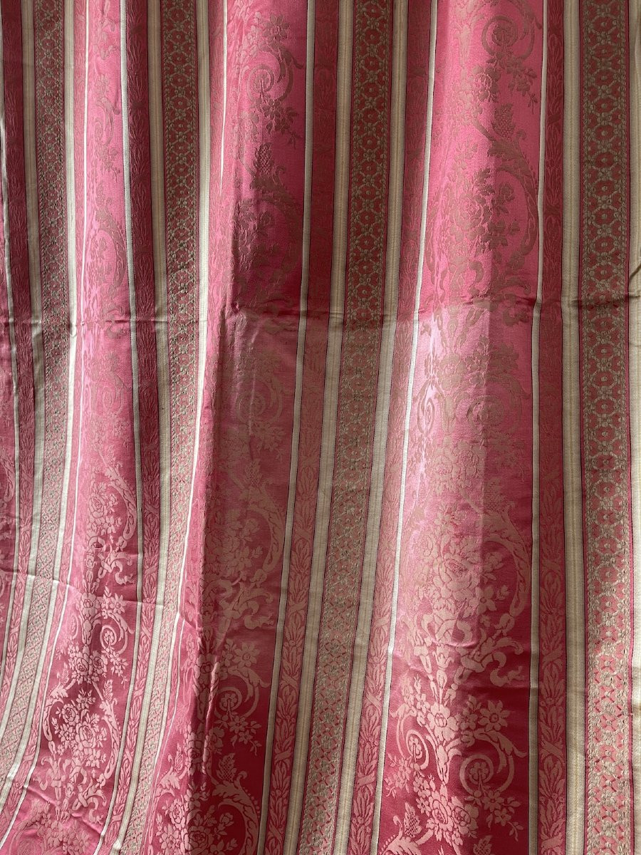Paire De Rideaux Anciens, Soie Rose, Tentures Anciennes Fin  XIXème-photo-1