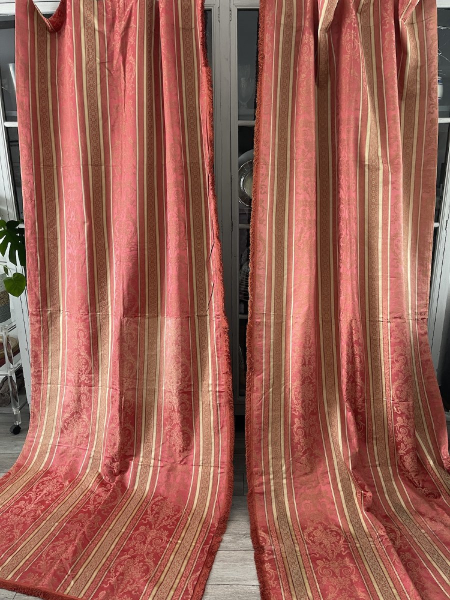 Paire De Rideaux Anciens, Soie Rose, Tentures Anciennes Fin  XIXème-photo-3