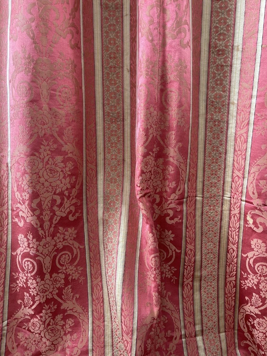Paire De Rideaux Anciens, Soie Rose, Tentures Anciennes Fin  XIXème-photo-5