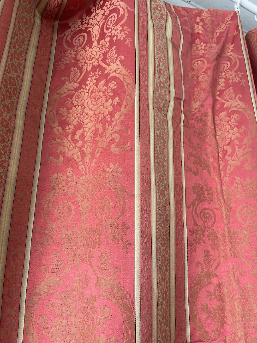 Paire De Rideaux Anciens, Soie Rose, Tentures Anciennes Fin  XIXème-photo-6