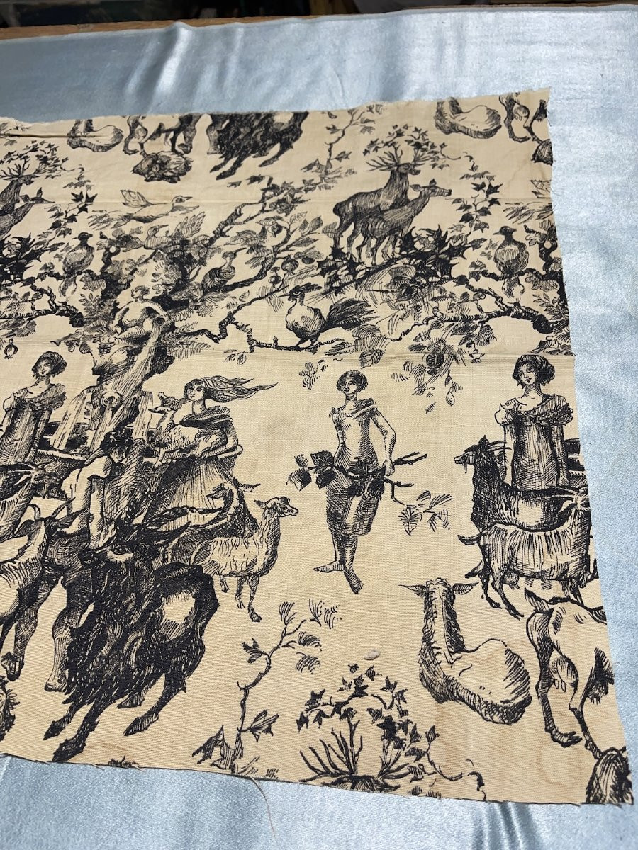 Fragment de tissu année 1950. scène en grisaille au décor singulier-photo-2