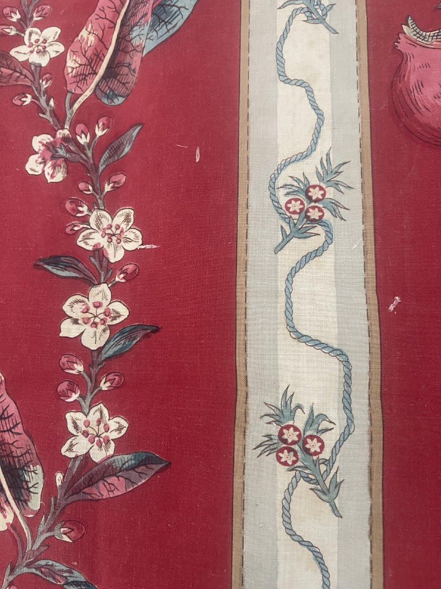 Fragment Of Old Printed Fabric From The 19th Century, Floral Decoration On A Red Background-photo-4