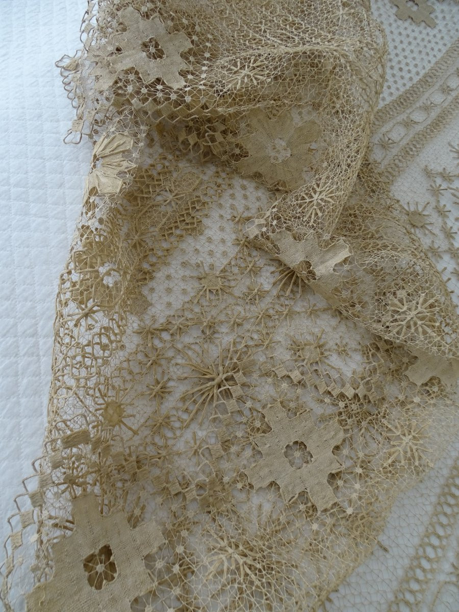  Antique Lace Bedspread Or Tablecloth – Needlework And Crochet – Starched Linen-photo-5