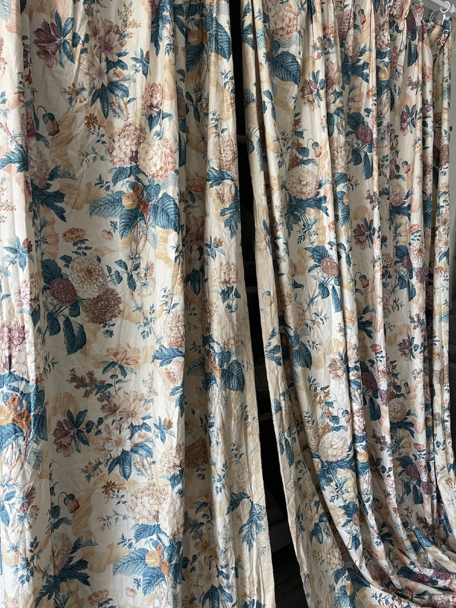 Pair Of Floral Chintz Curtains, 20th Century, Hydrangeas, Fuchsias, Dahlias-photo-2