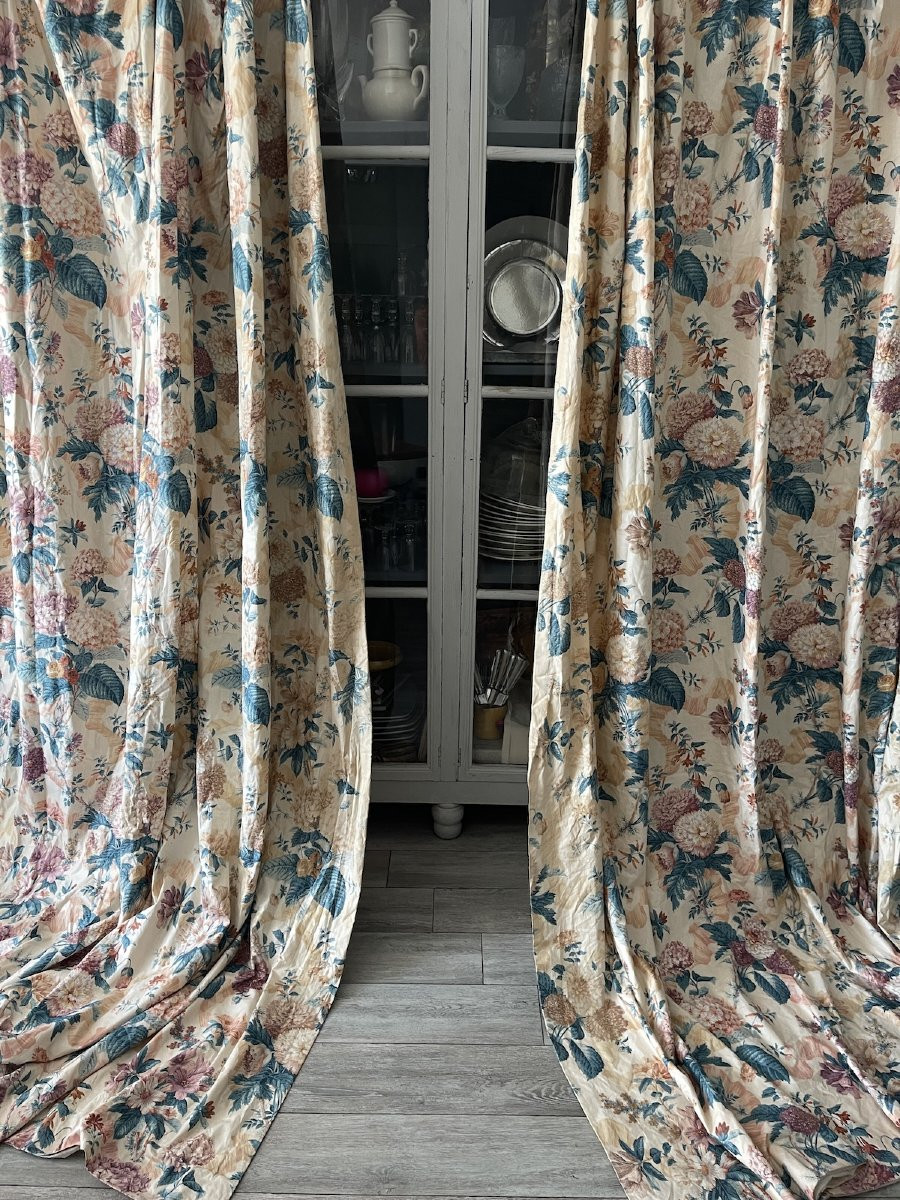 Pair Of Floral Chintz Curtains, 20th Century, Hydrangeas, Fuchsias, Dahlias-photo-4