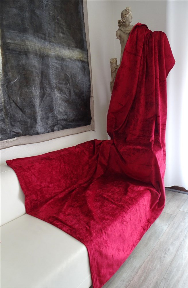 Paire de  rideaux, Tentures Anciennes en Velours de Soie Rouge Vermillon – Époque XIXe-photo-2