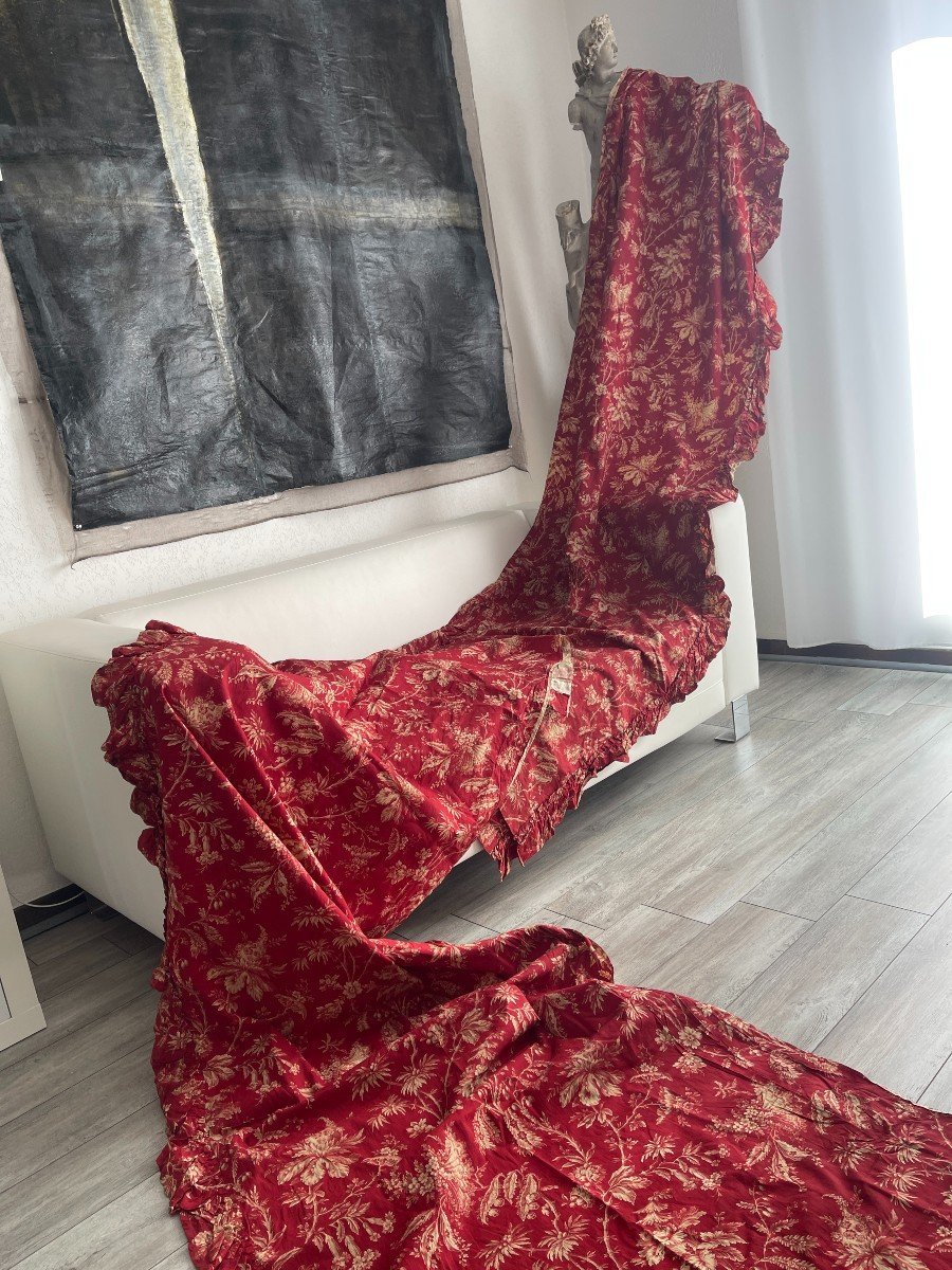 Pair Of 19th Century Curtains In Red Adrianople Printed Canvas – Antique Fabric-photo-1