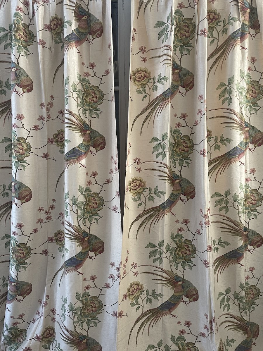 Paire de Rideaux en  Soie – Décor de Faisans et Branches Fleuries Japonisantes-photo-1