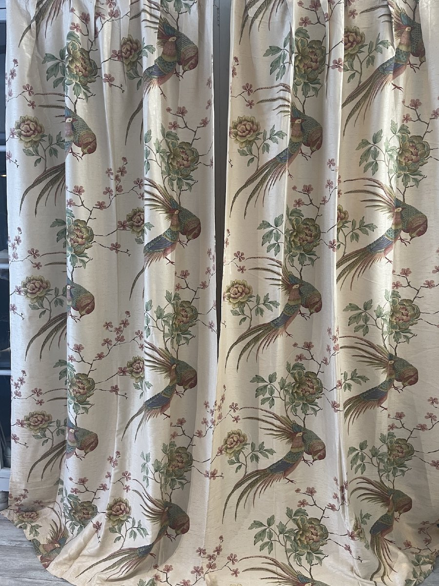 Paire de Rideaux en  Soie – Décor de Faisans et Branches Fleuries Japonisantes-photo-5