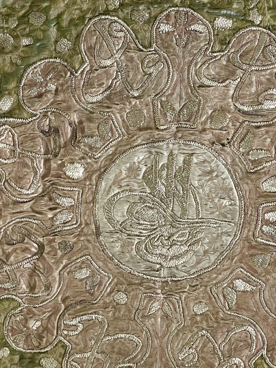 Tenture Ou Portière Broderie Ottomane Fin XVIIIème Fils Argent Métallique-photo-3