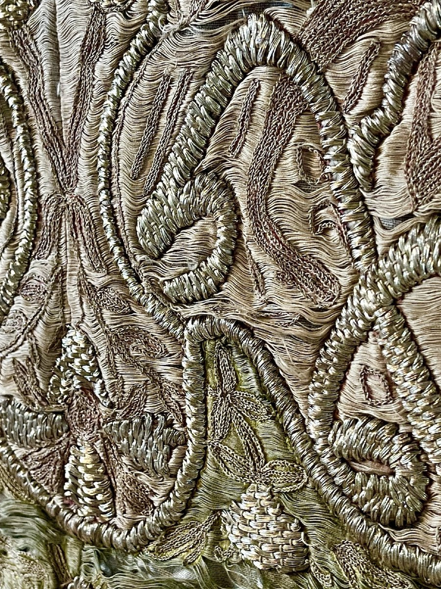 Tenture Ou Portière Broderie Ottomane Fin XVIIIème Fils Argent Métallique-photo-2