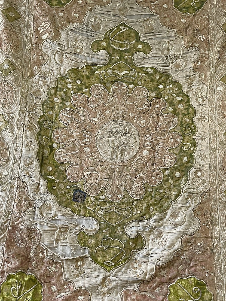 Tenture Ou Portière Broderie Ottomane Fin XVIIIème Fils Argent Métallique-photo-3