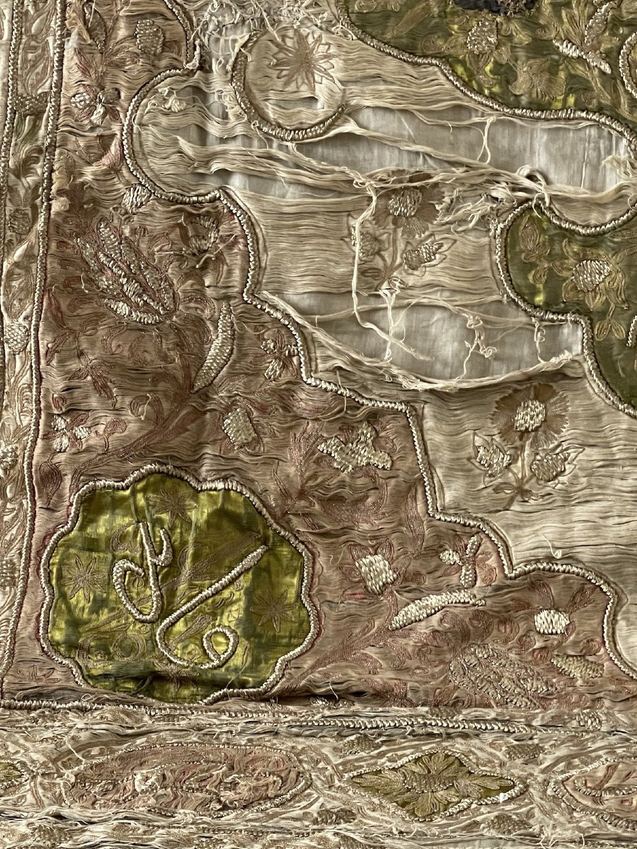 Tenture Ou Portière Broderie Ottomane Fin XVIIIème Fils Argent Métallique-photo-4