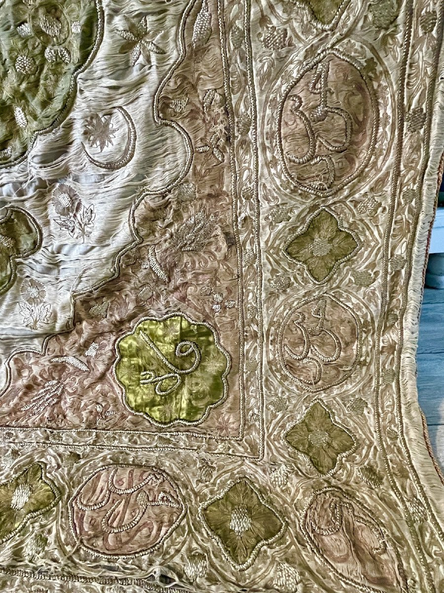 Tenture Ou Portière Broderie Ottomane Fin XVIIIème Fils Argent Métallique-photo-6