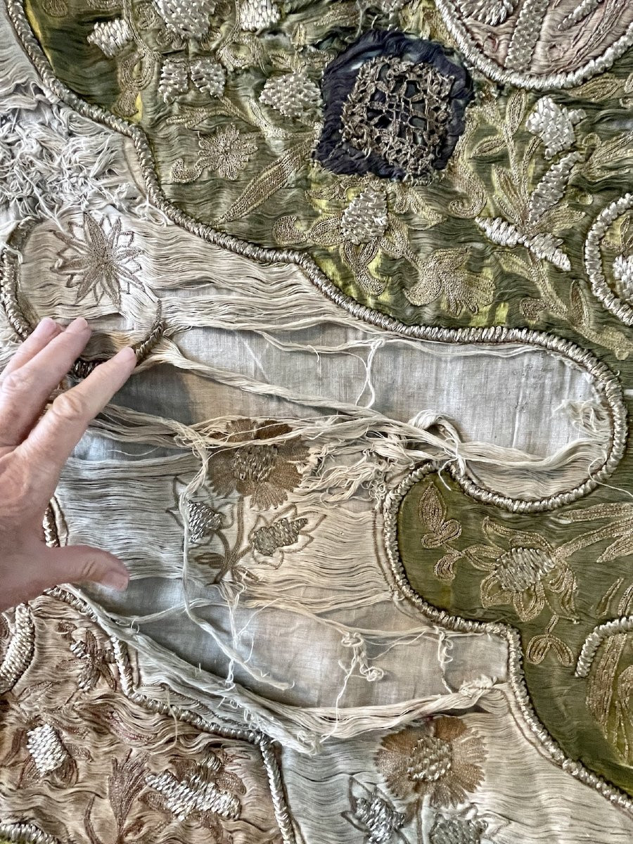 Tenture Ou Portière Broderie Ottomane Fin XVIIIème Fils Argent Métallique-photo-8