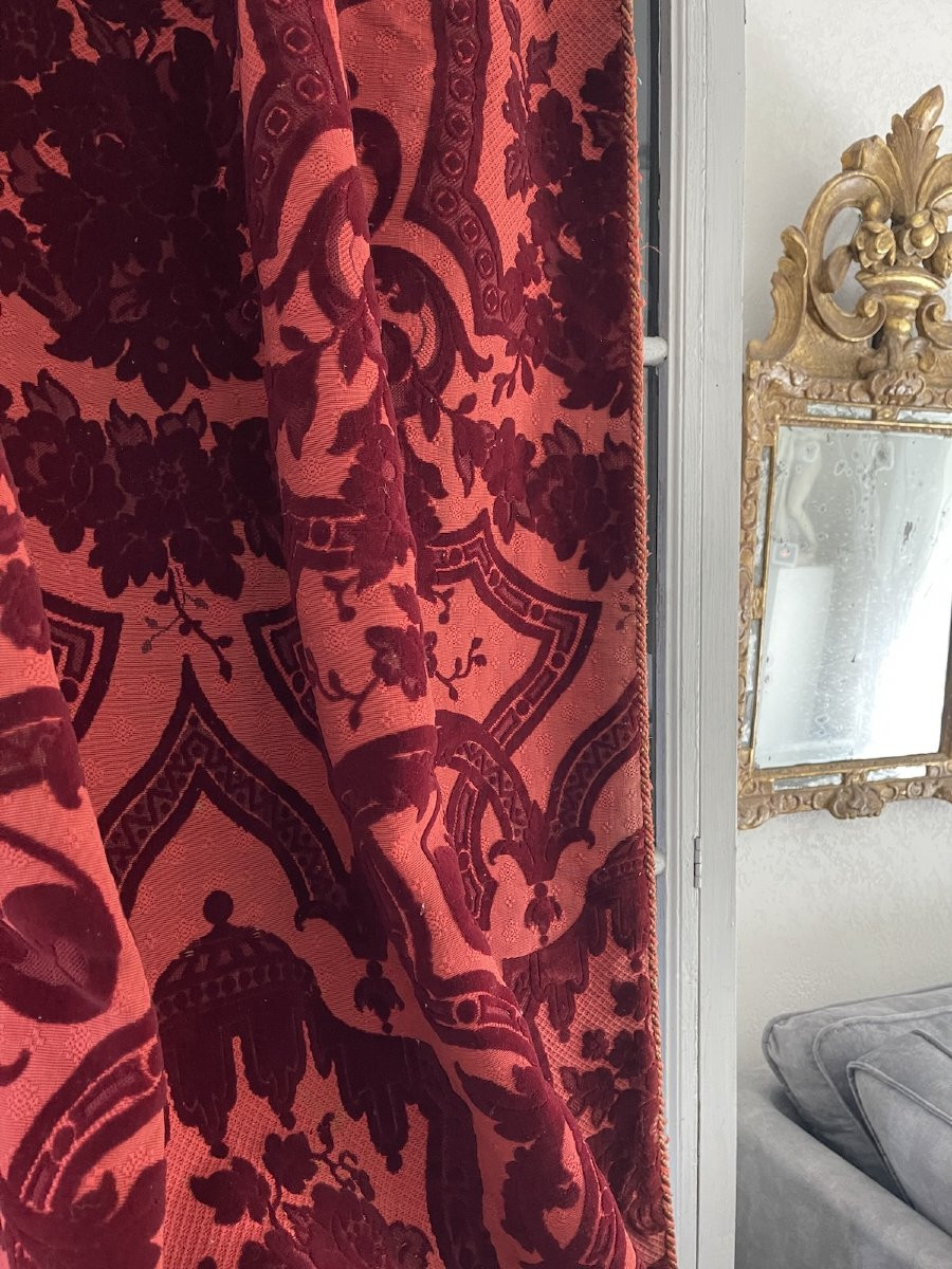 Pair Of Genoa Velvet Curtains – Baroque Decor, Large Flower Bouquets, 19th Century-photo-2