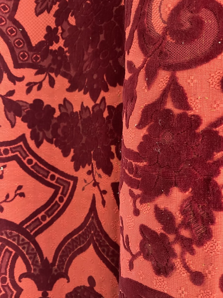 Pair Of Genoa Velvet Curtains – Baroque Decor, Large Flower Bouquets, 19th Century-photo-4