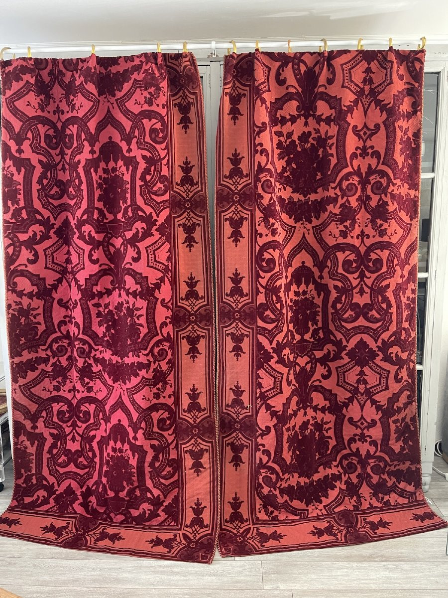 Pair Of Genoa Velvet Curtains – Baroque Decor, Large Flower Bouquets, 19th Century-photo-5
