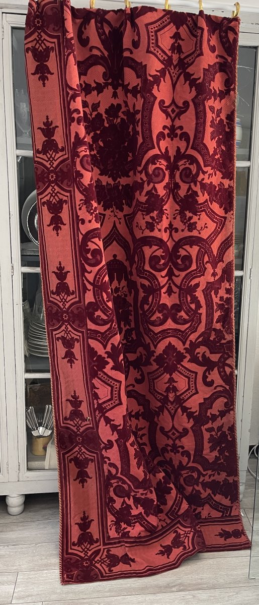 Pair Of Genoa Velvet Curtains – Baroque Decor, Large Flower Bouquets, 19th Century-photo-6