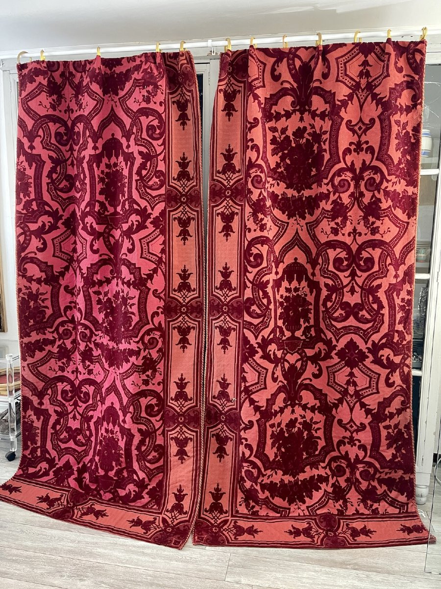Pair Of Genoa Velvet Curtains – Baroque Decor, Large Flower Bouquets, 19th Century-photo-8