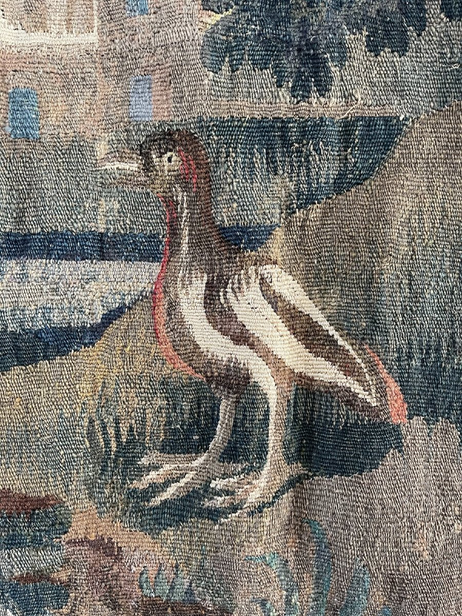 Tapisserie verdure – France, XVIIᵉ siècle – Scène de paysage animé de volatiles et architecture-photo-7