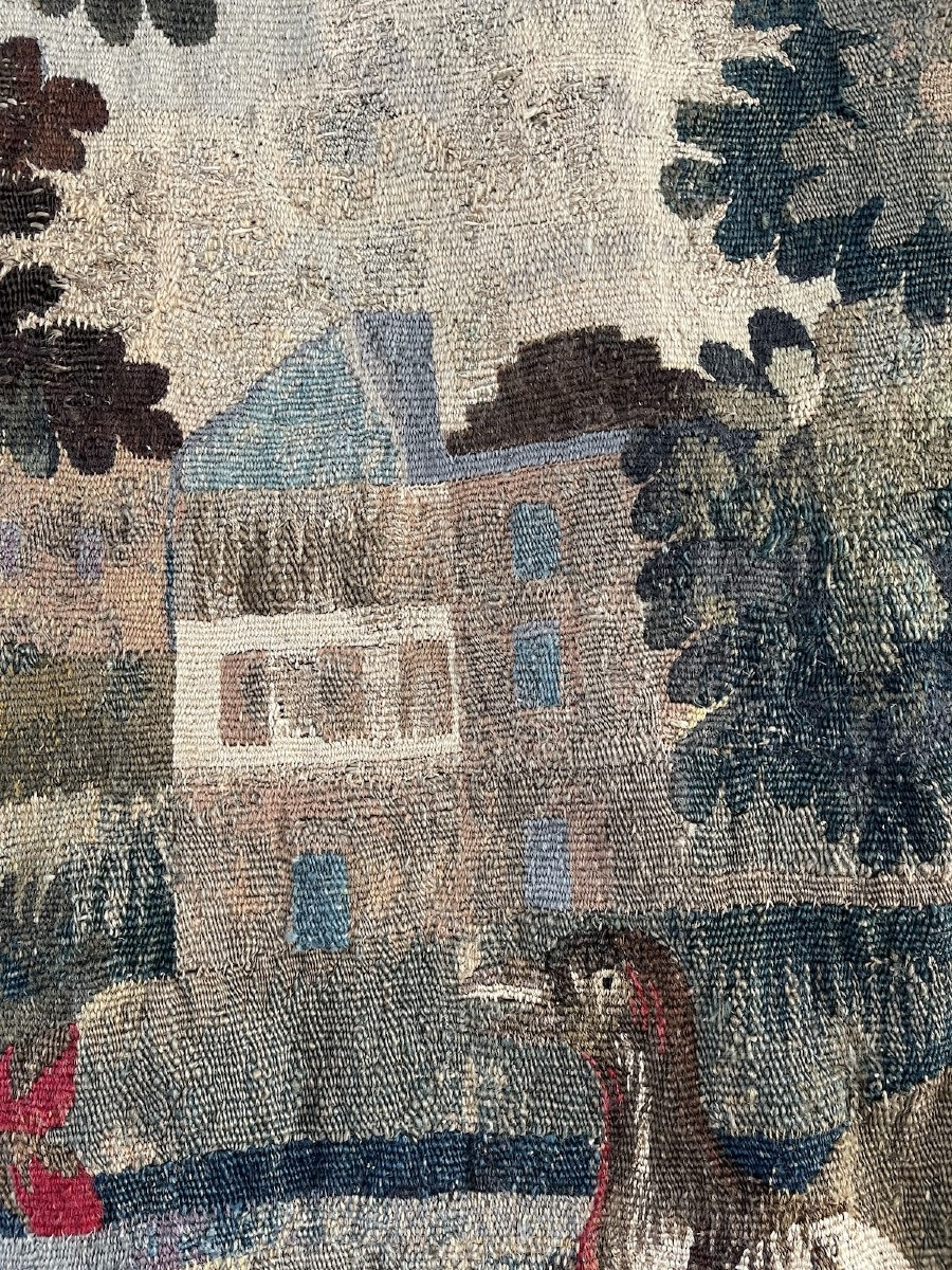 Tapisserie verdure – France, XVIIᵉ siècle – Scène de paysage animé de volatiles et architecture-photo-8
