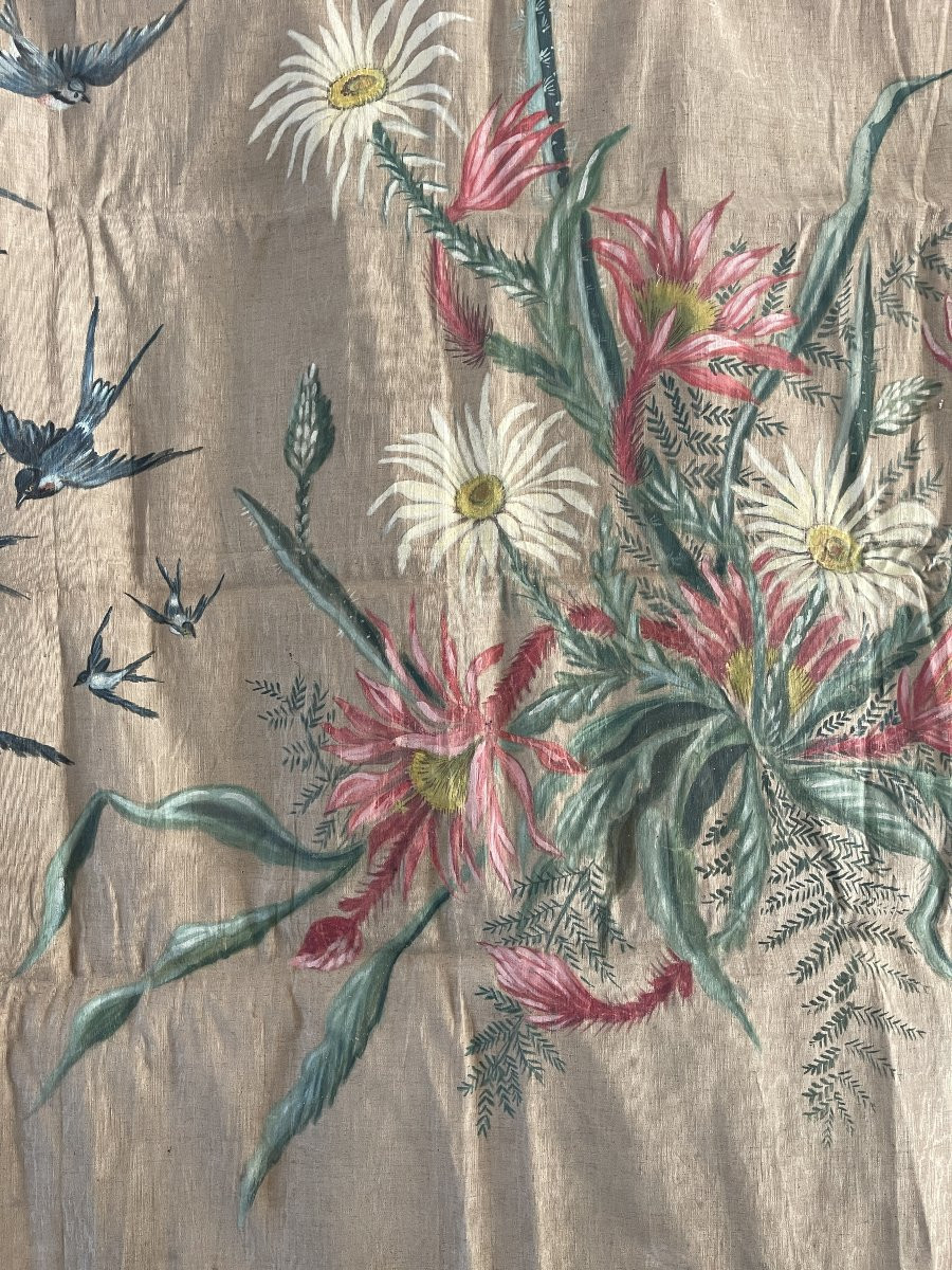 Toile de lin peinte  bouquet de fleurs et oiseaux-photo-2