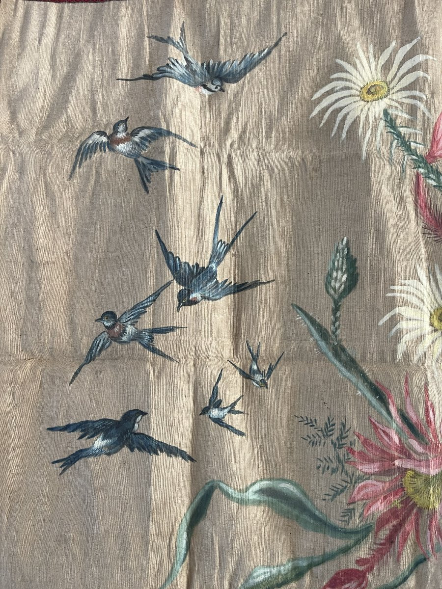 Toile de lin peinte  bouquet de fleurs et oiseaux-photo-3