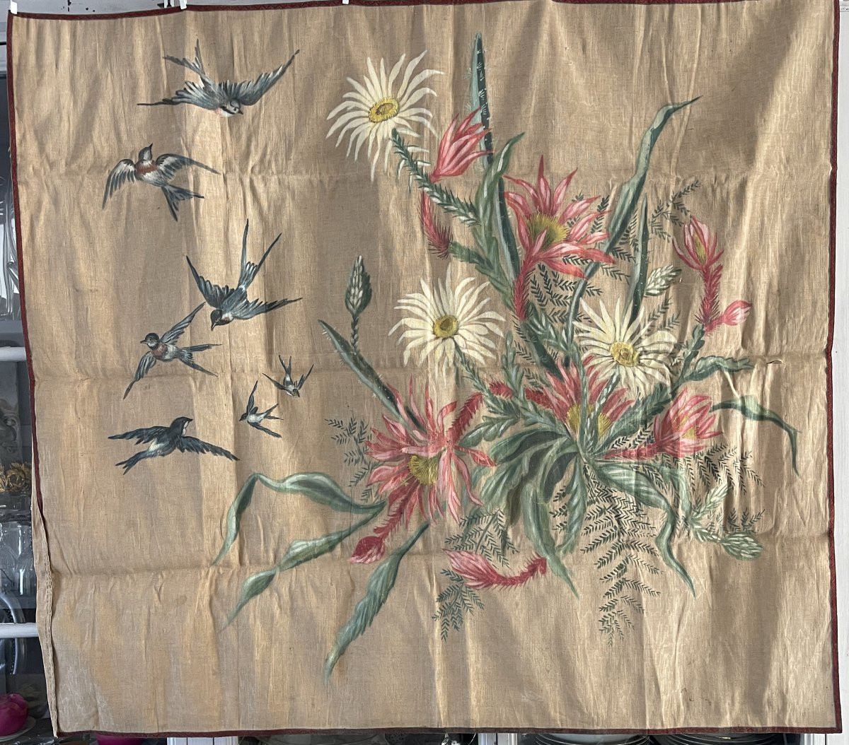 Toile de lin peinte  bouquet de fleurs et oiseaux-photo-1