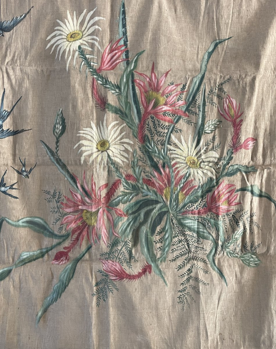 Toile de lin peinte  bouquet de fleurs et oiseaux-photo-2