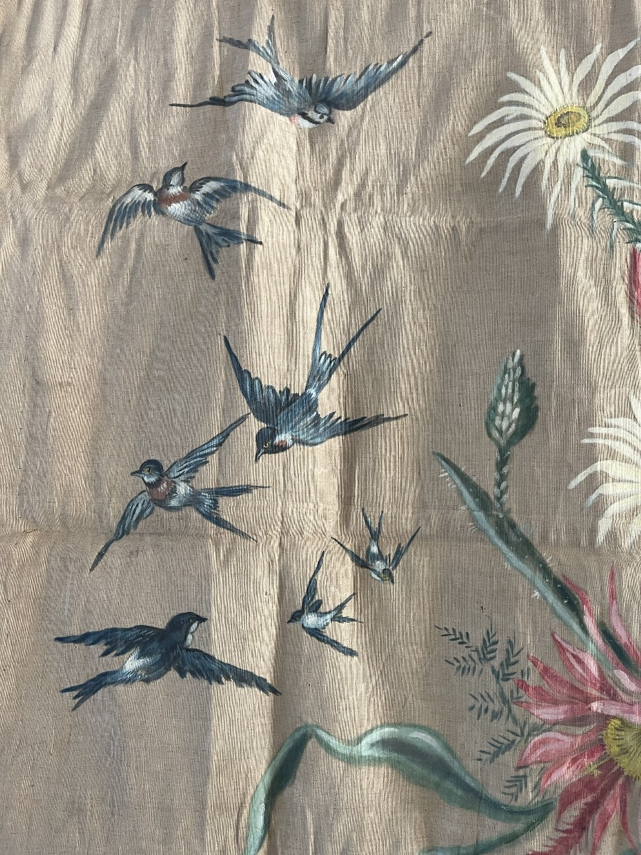 Toile de lin peinte  bouquet de fleurs et oiseaux-photo-3