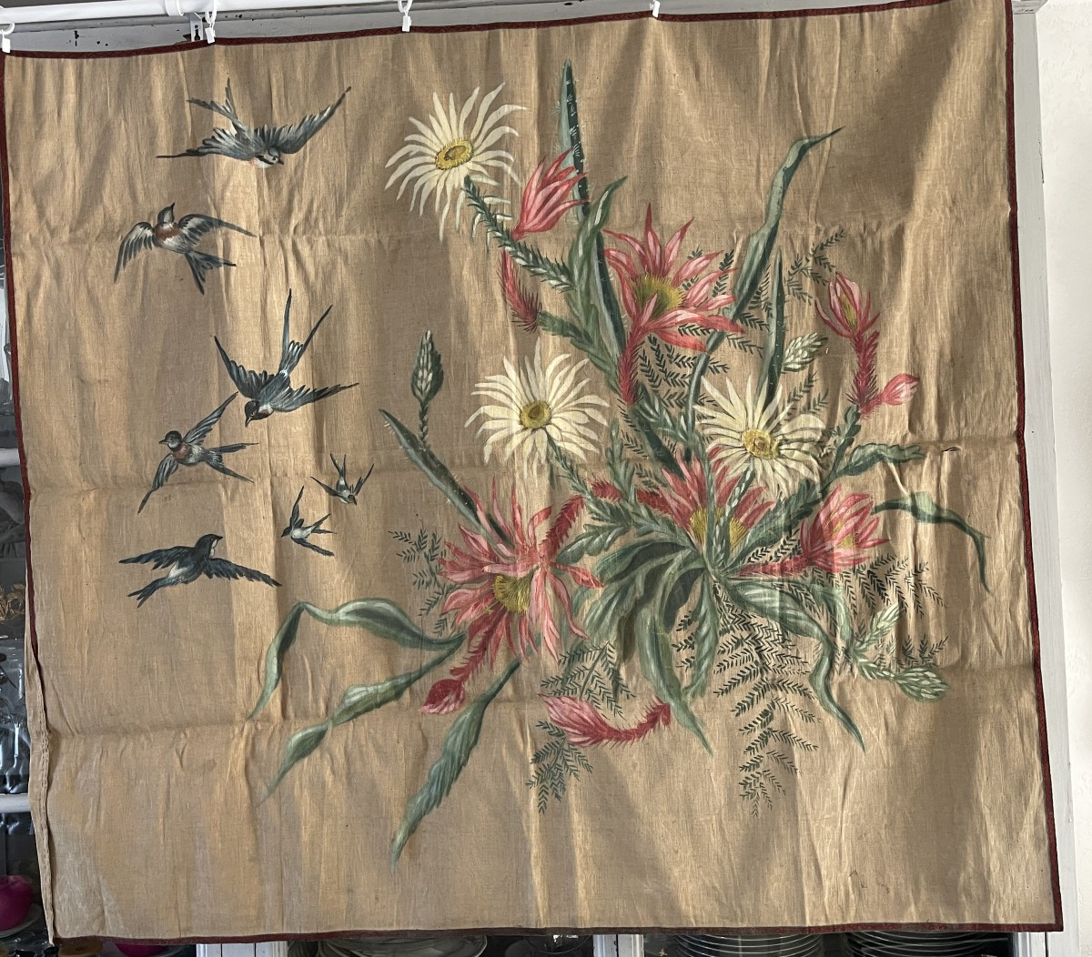 Toile de lin peinte  bouquet de fleurs et oiseaux